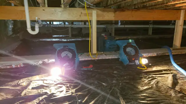 Air movers and a work light over plastic sheeting in a crawl space under a house