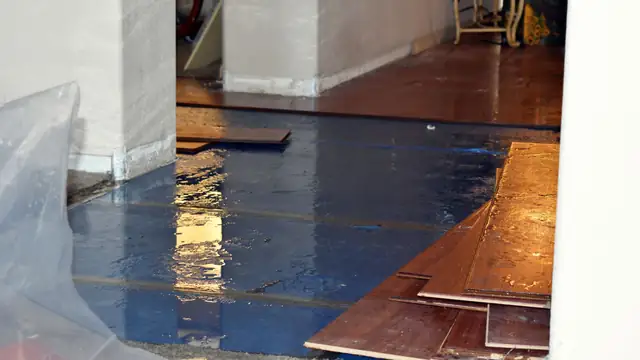 Hardwood planks being replaced beside plastic sheeting on a water damaged floor
