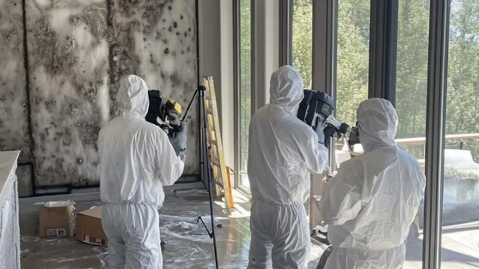 Remediation crew in protective suits and respirators working in a room