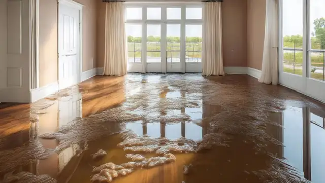 Wood floor in a bright room with a film of water across the boards
