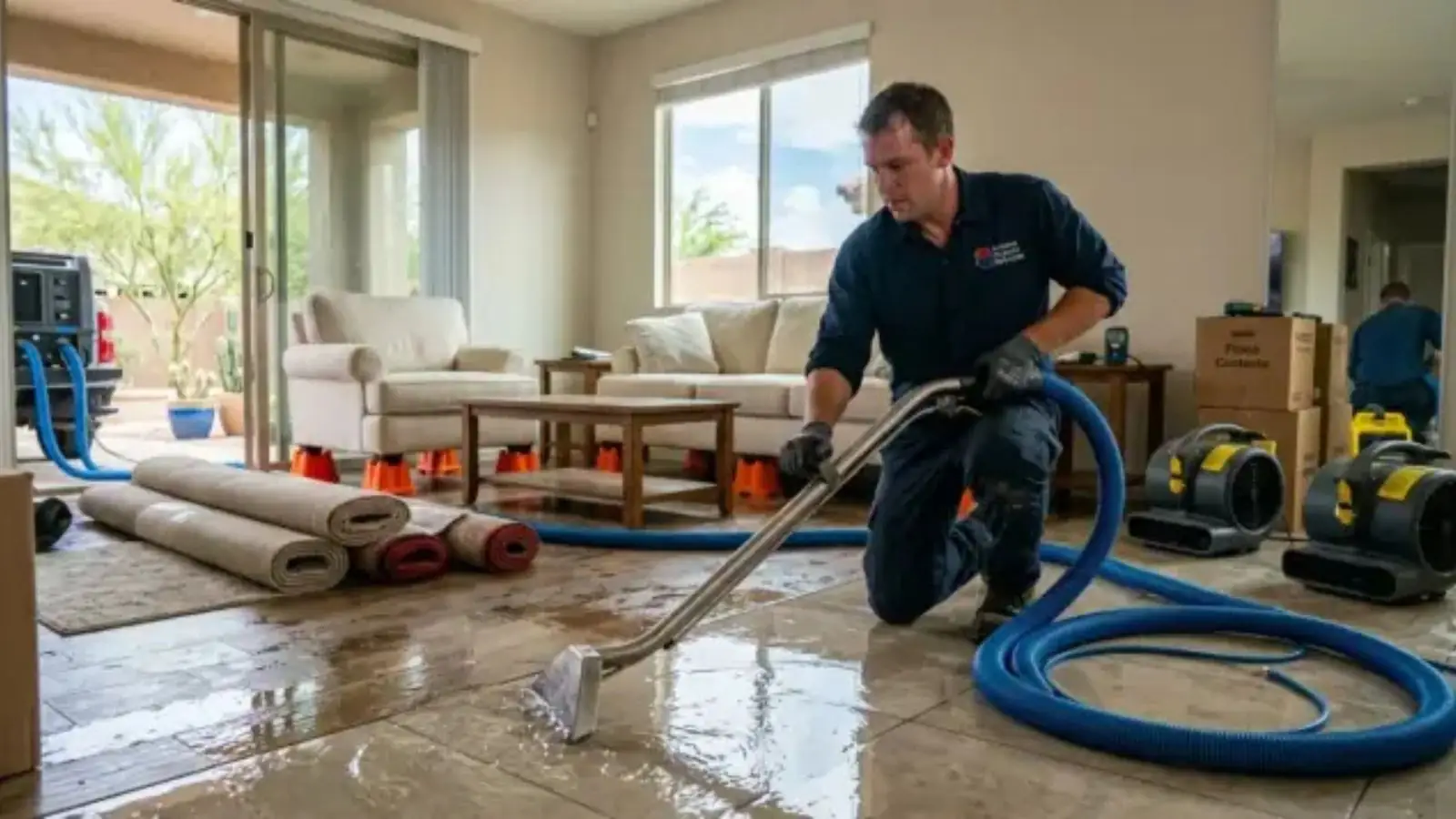 Restoration technician using an extraction wand and hose in a living room with air movers and rolled carpet nearby