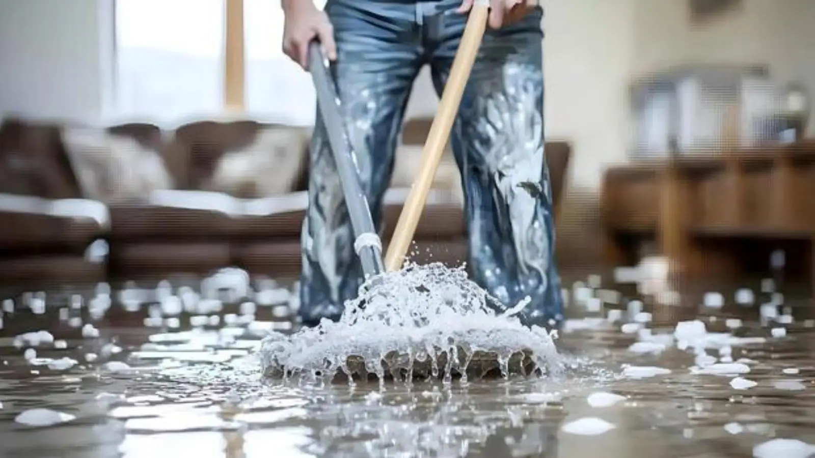 Person mopping a wet floor during cleanup after water damage