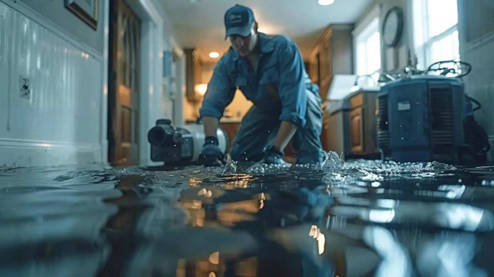 Technician in work clothes kneeling over a pump in a flooded room