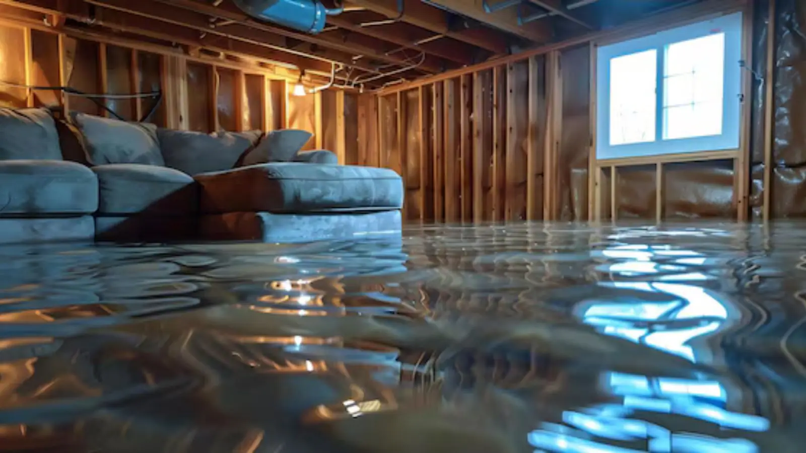Flooded room with exposed wall framing and a sofa standing in shallow water