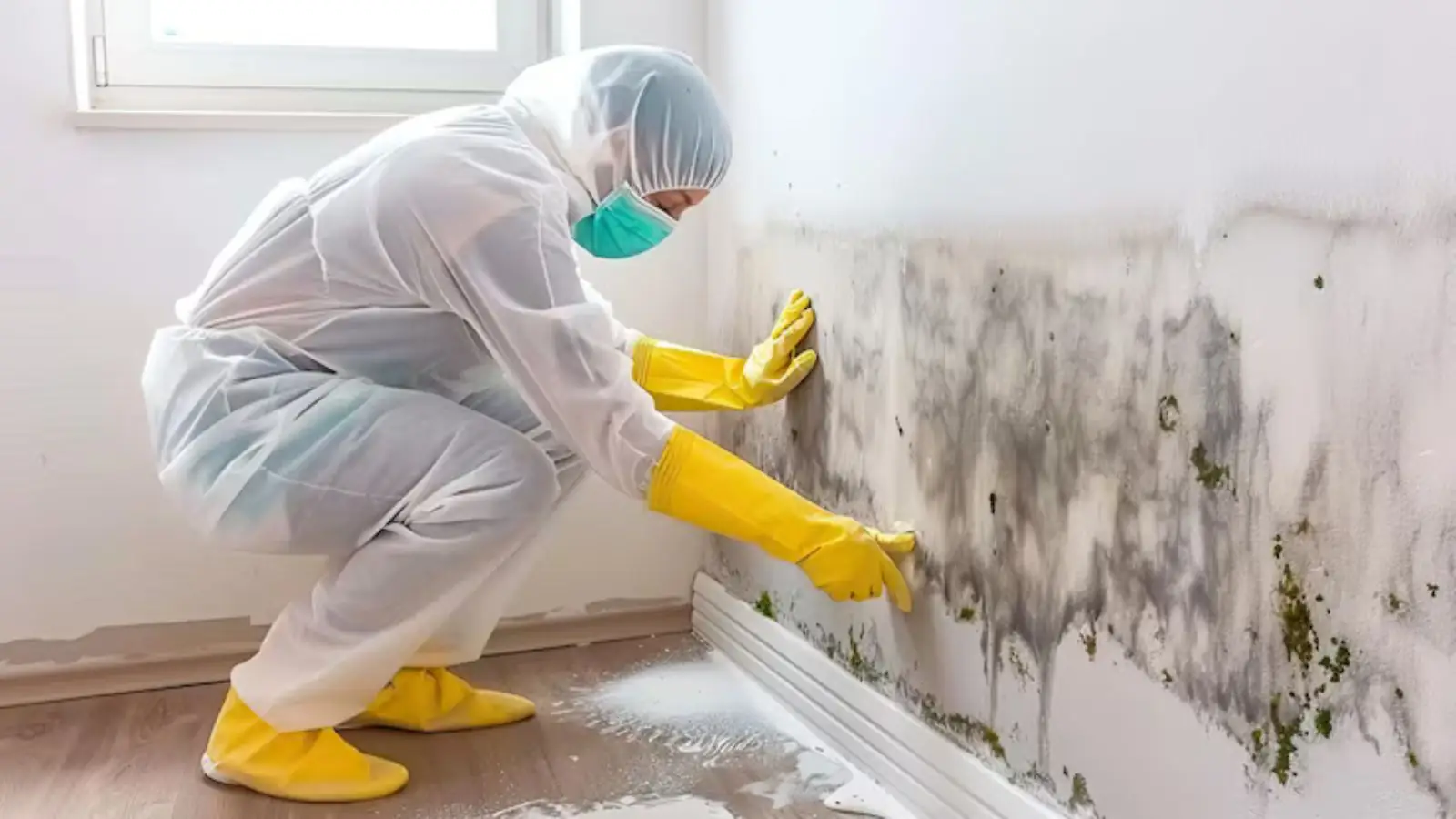 Worker in protective clothing wiping mold from the base of a wall