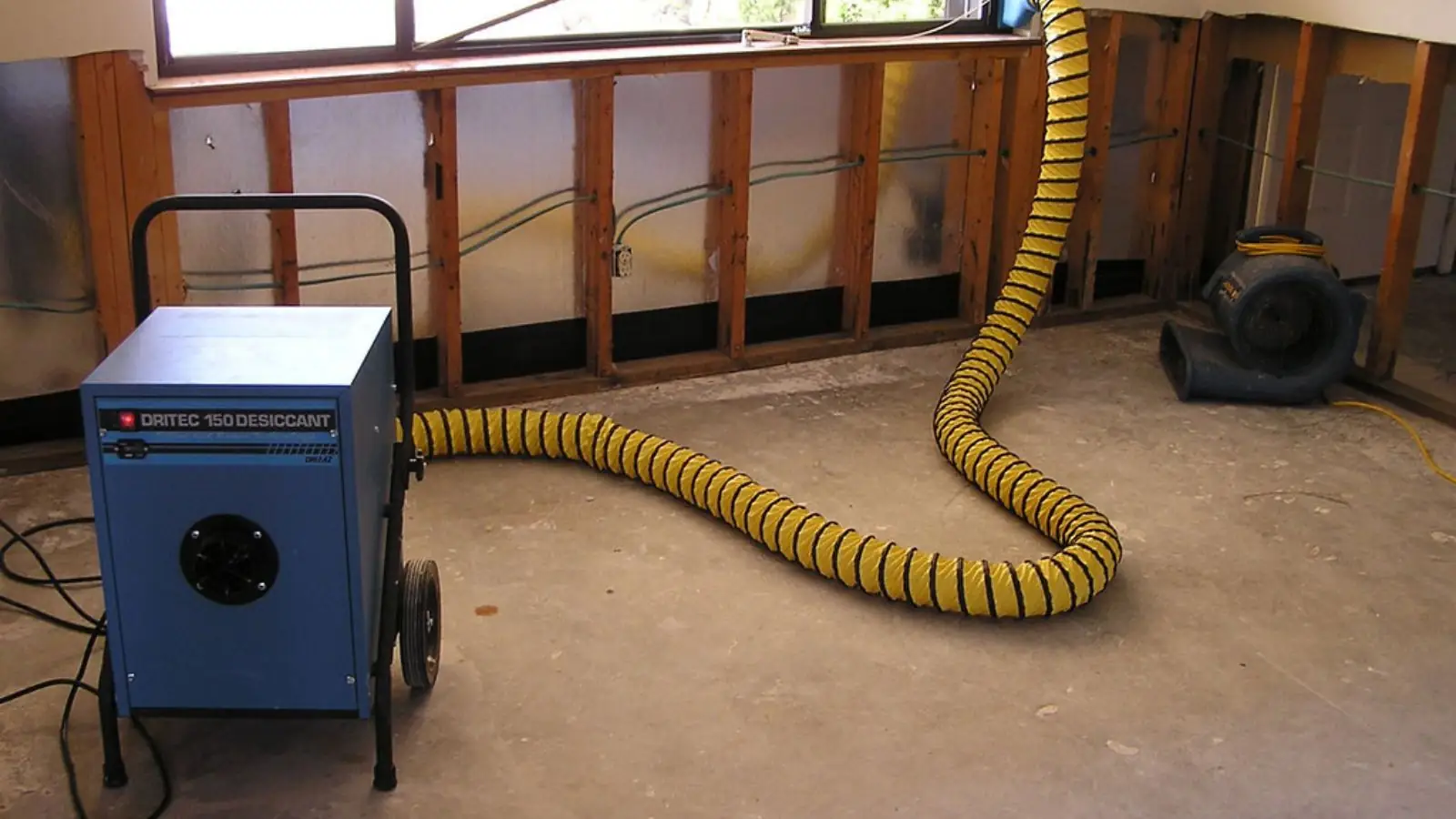 Dehumidifier with a yellow duct hose drying an opened wall cavity