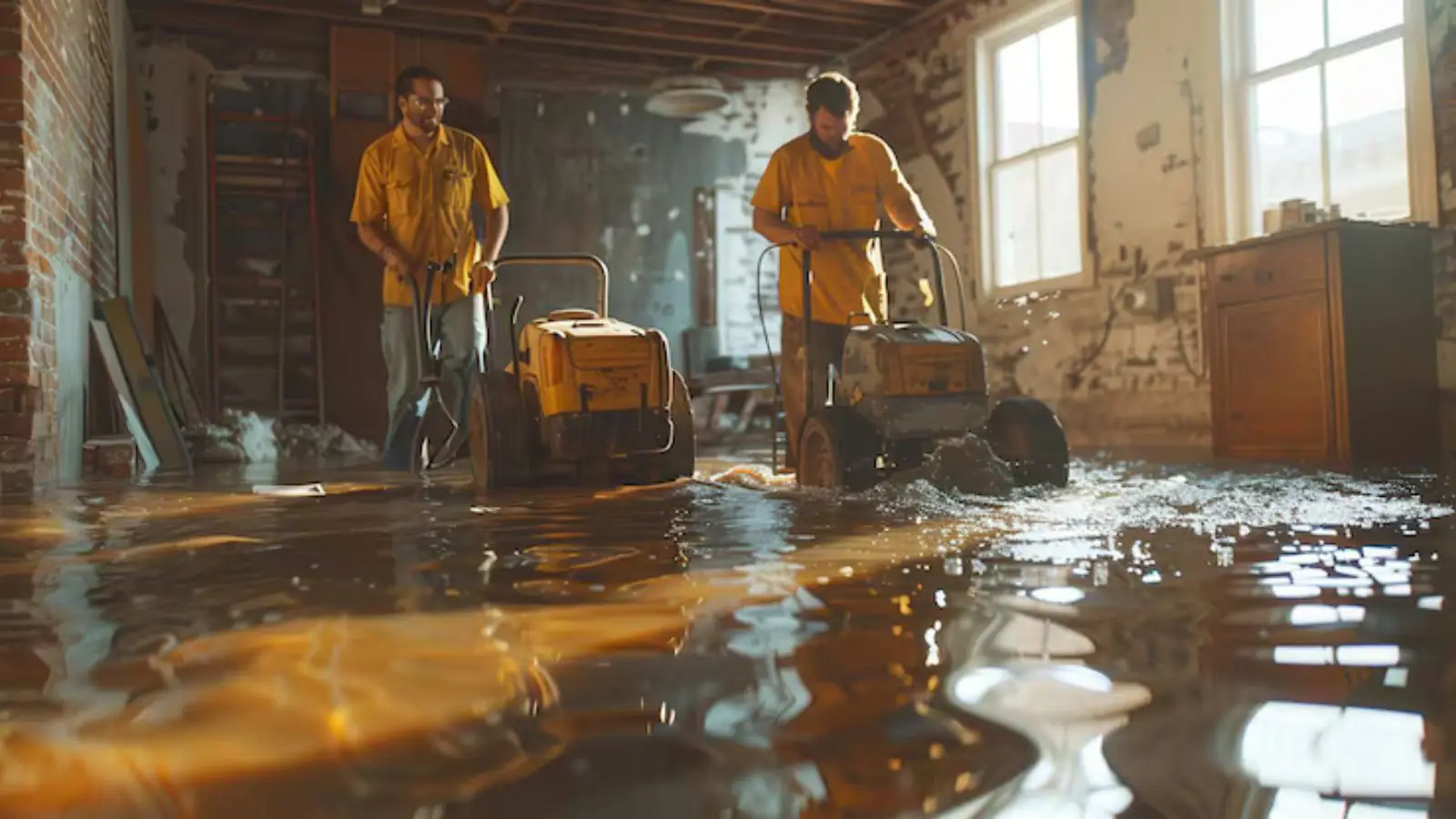 Two workers with extraction equipment cleaning up a flooded room in a home