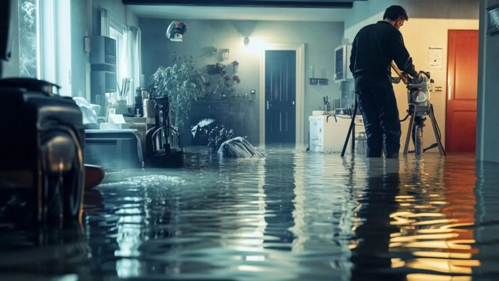Technician setting up drying equipment in a flooded room of a home with standing water across the floor